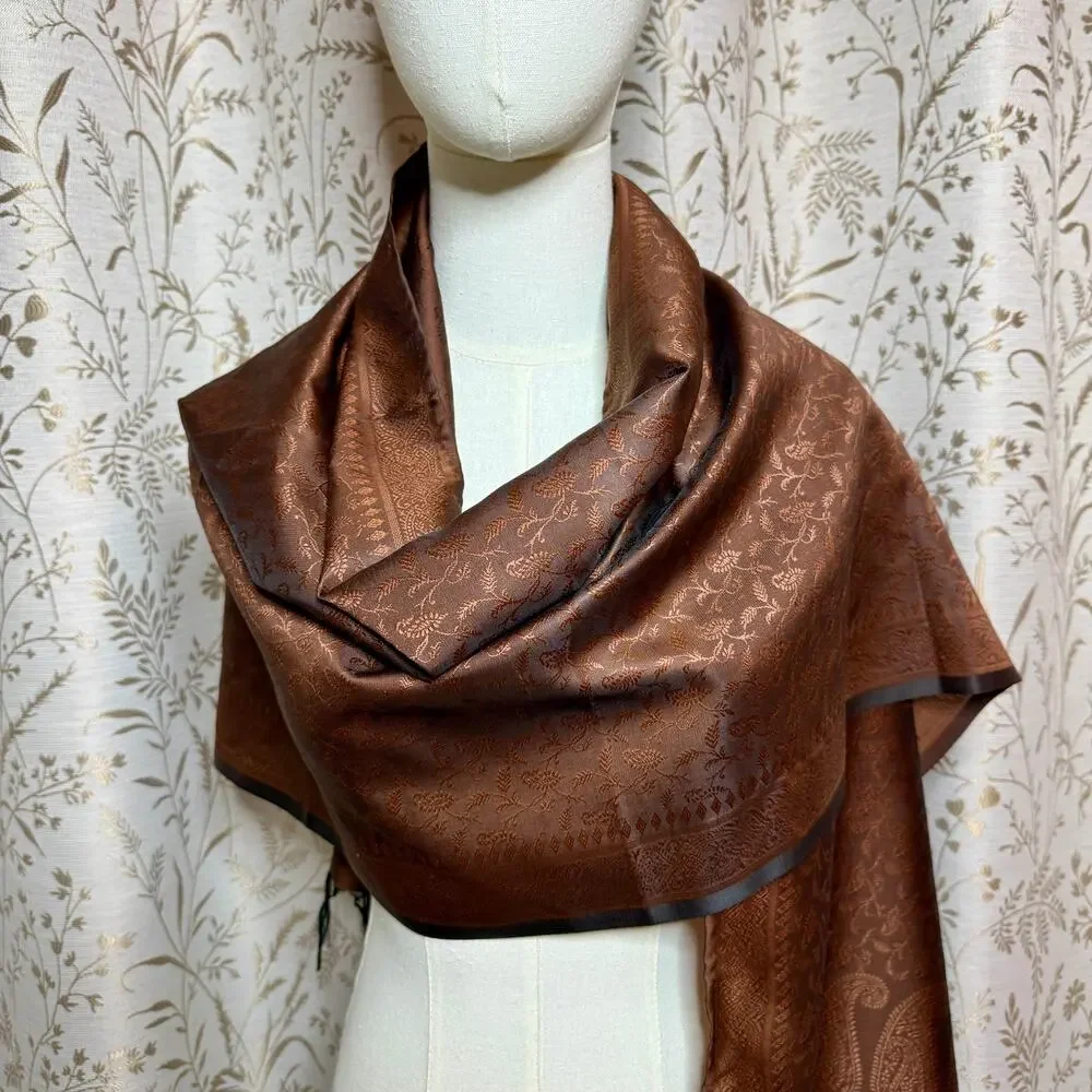 Silk Paisley Pashmina Shawl Wrap OS Brown Fringe Vintage Fall Boho Cottagecore